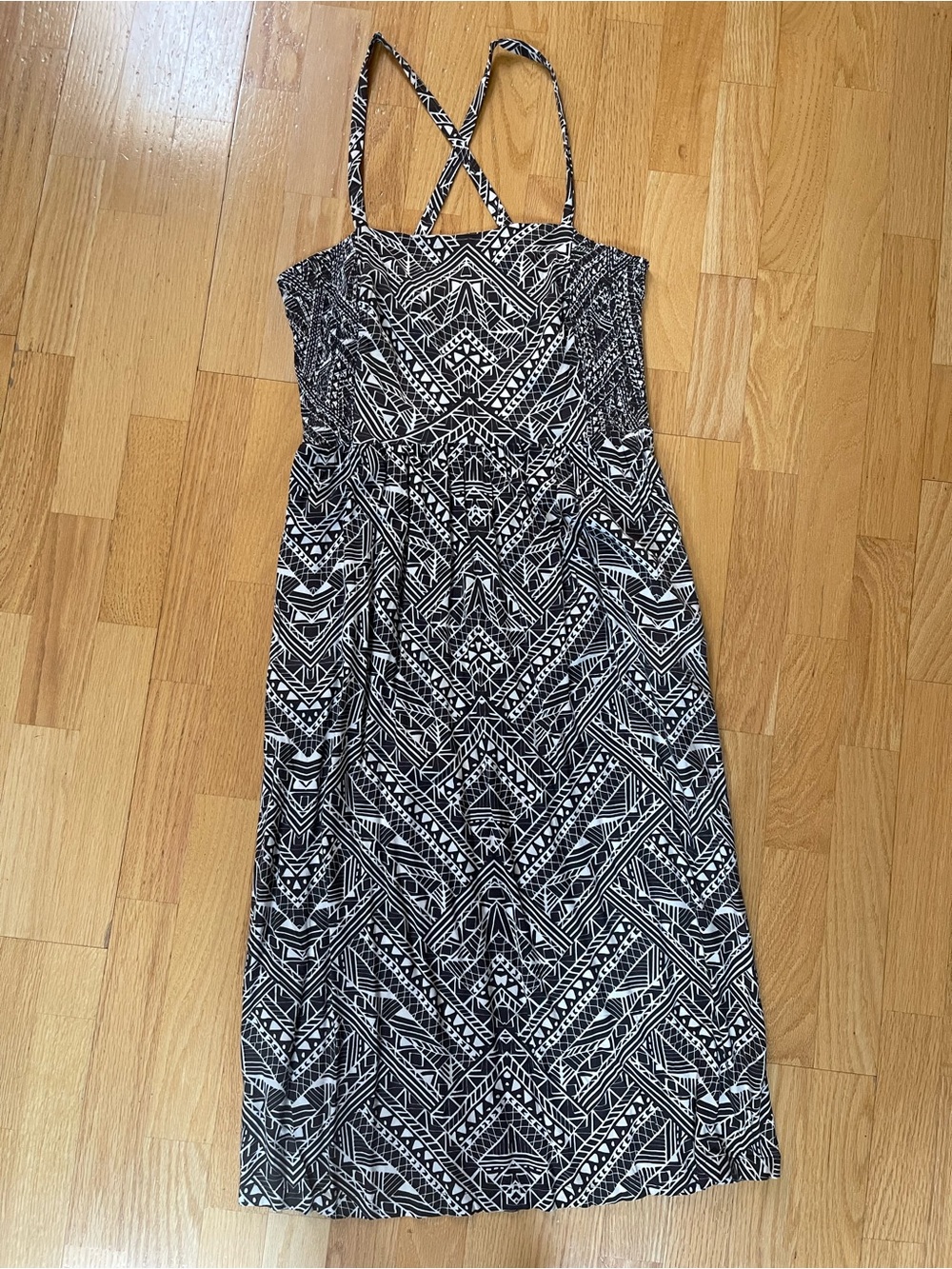 Brown & White Geometric Maxi Sundress with Crossback Straps from Anthropology